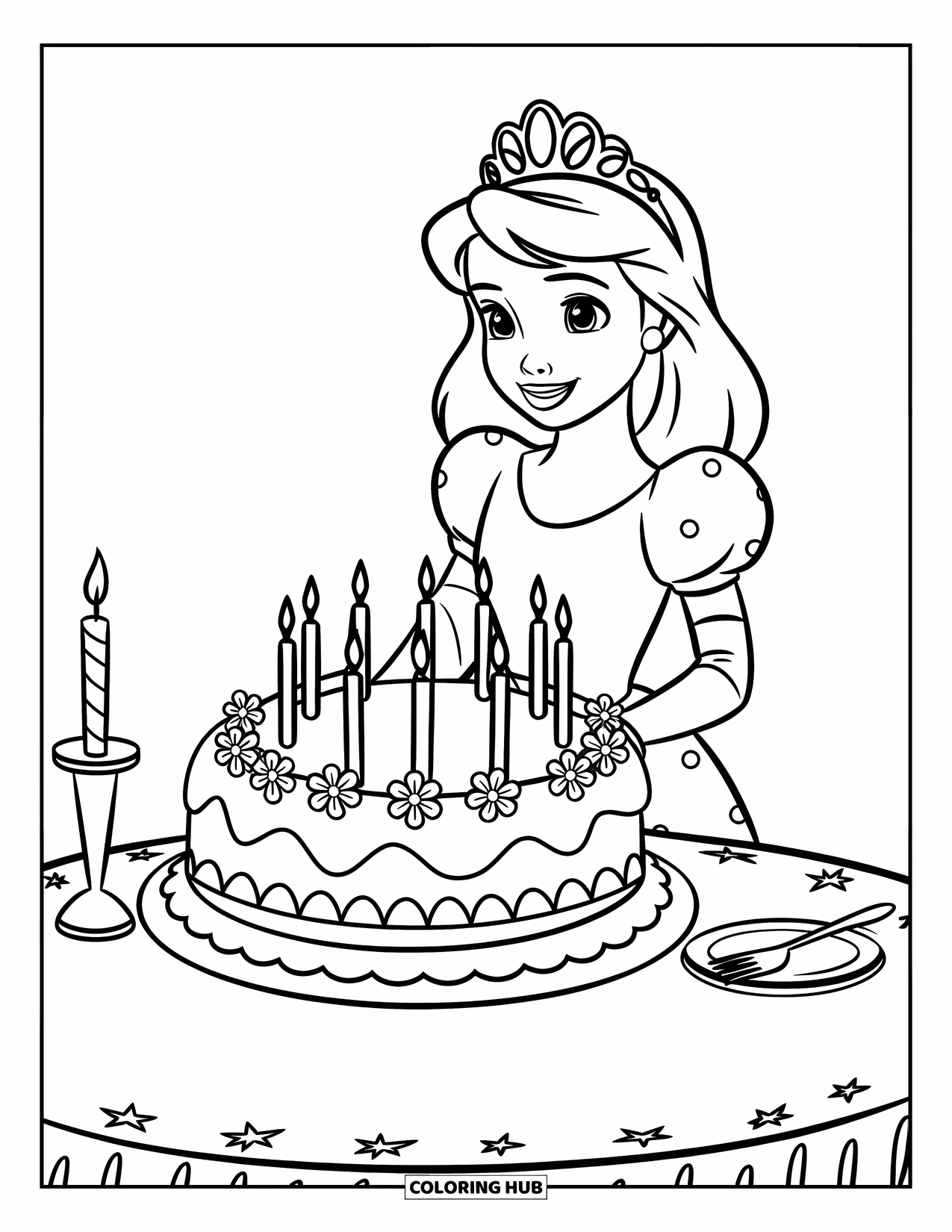 Princess Coloring Page for Kids: A princess in a blue dress smiles by a cake decorated with flowers
