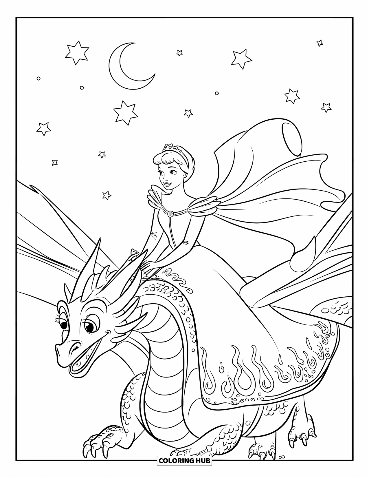 Princess Coloring Page for Kids: A princess in a cape rides a dragon under a sky full of stars