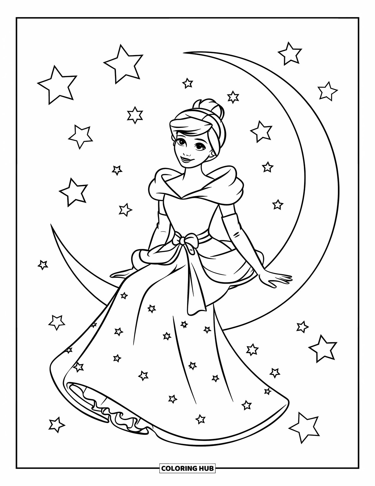 Princess Coloring Page for Kids: A princess in a cloud-like gown sits on a crescent moon among stars