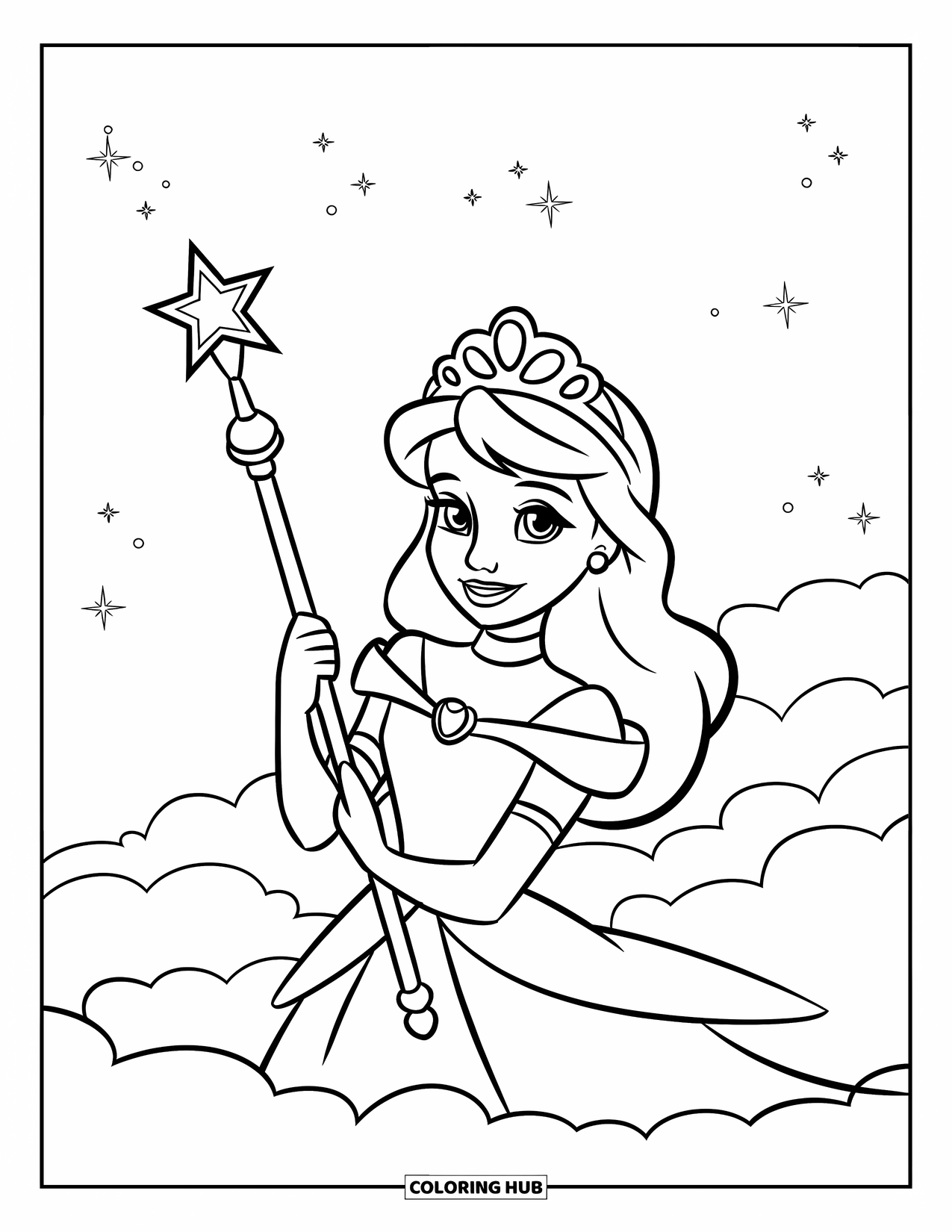 Princess Coloring Page for Kids: A princess in a crown holds a scepter under a sky full of stars