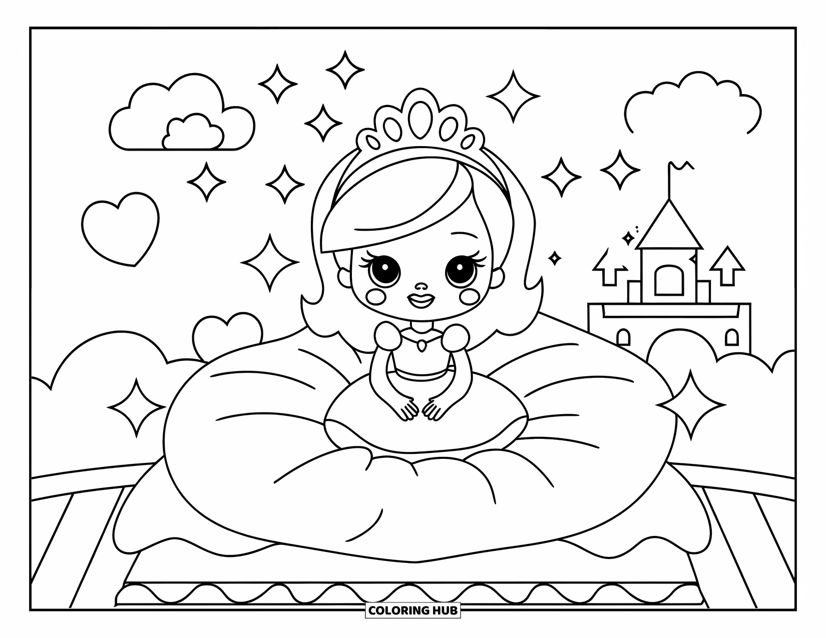Princess Coloring Page for Kids: A princess in a crown sits happily on a pillow with stars and hearts around