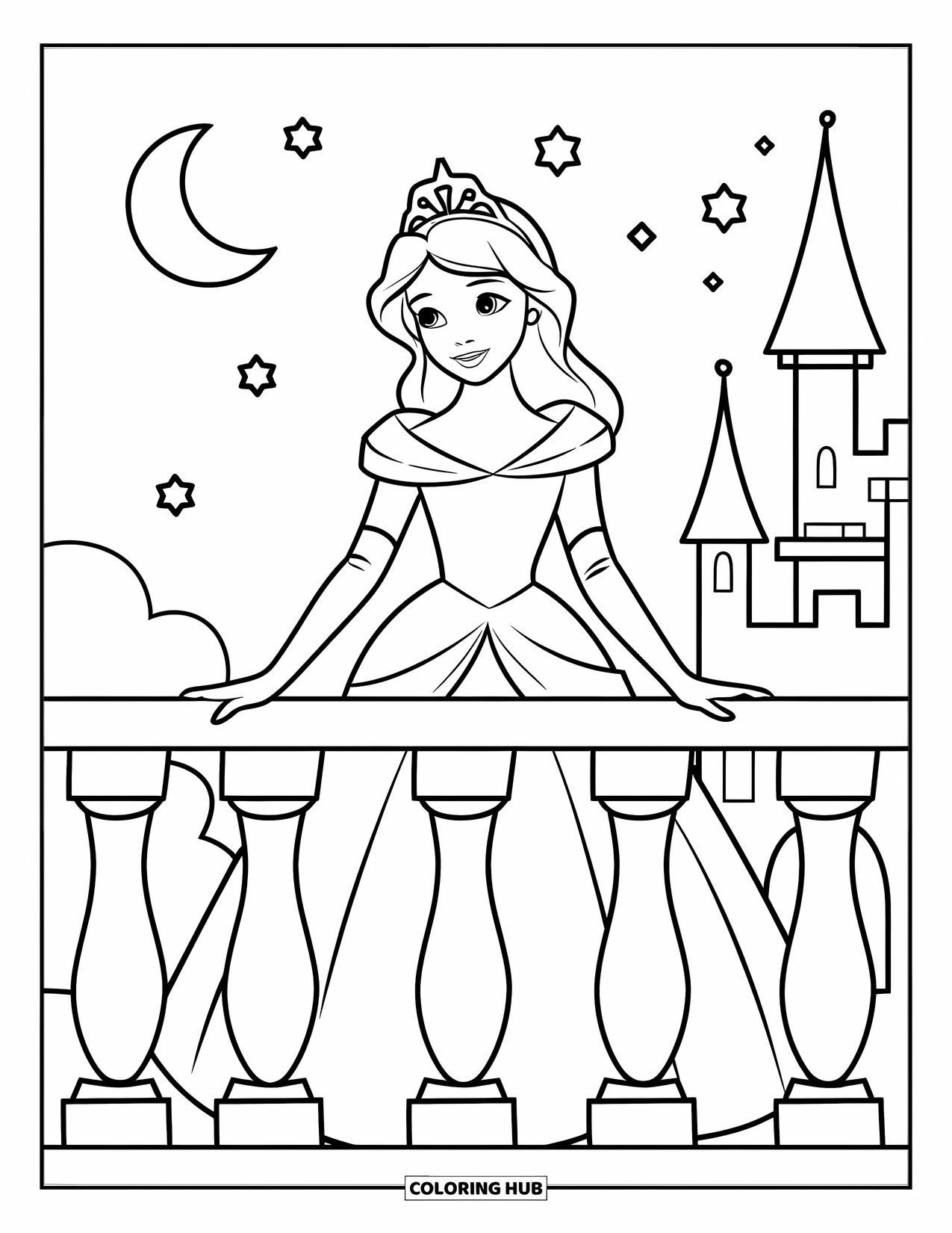 Princess Coloring Page for Kids: A princess in a crown stands on a balcony beneath a sky full of stars