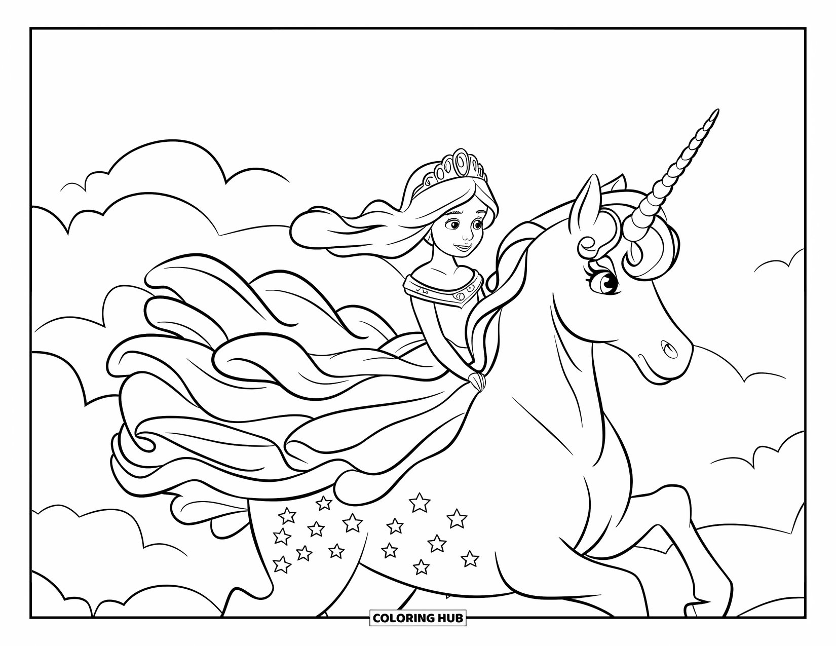 Princess Coloring Page for Kids: A princess in a feathered dress rides a unicorn among the clouds