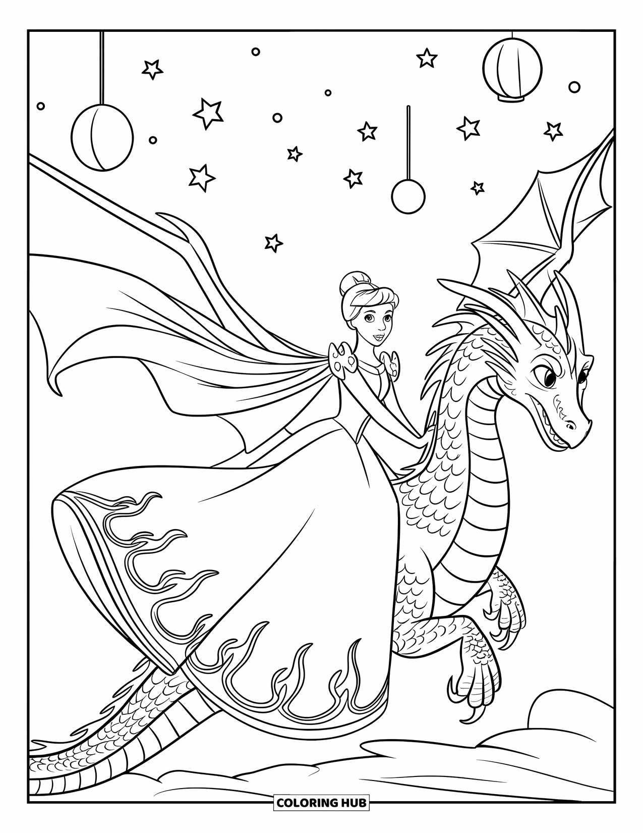 Princess Coloring Page for Kids: A princess in a flame-patterned gown rides a dragon through a starry sky