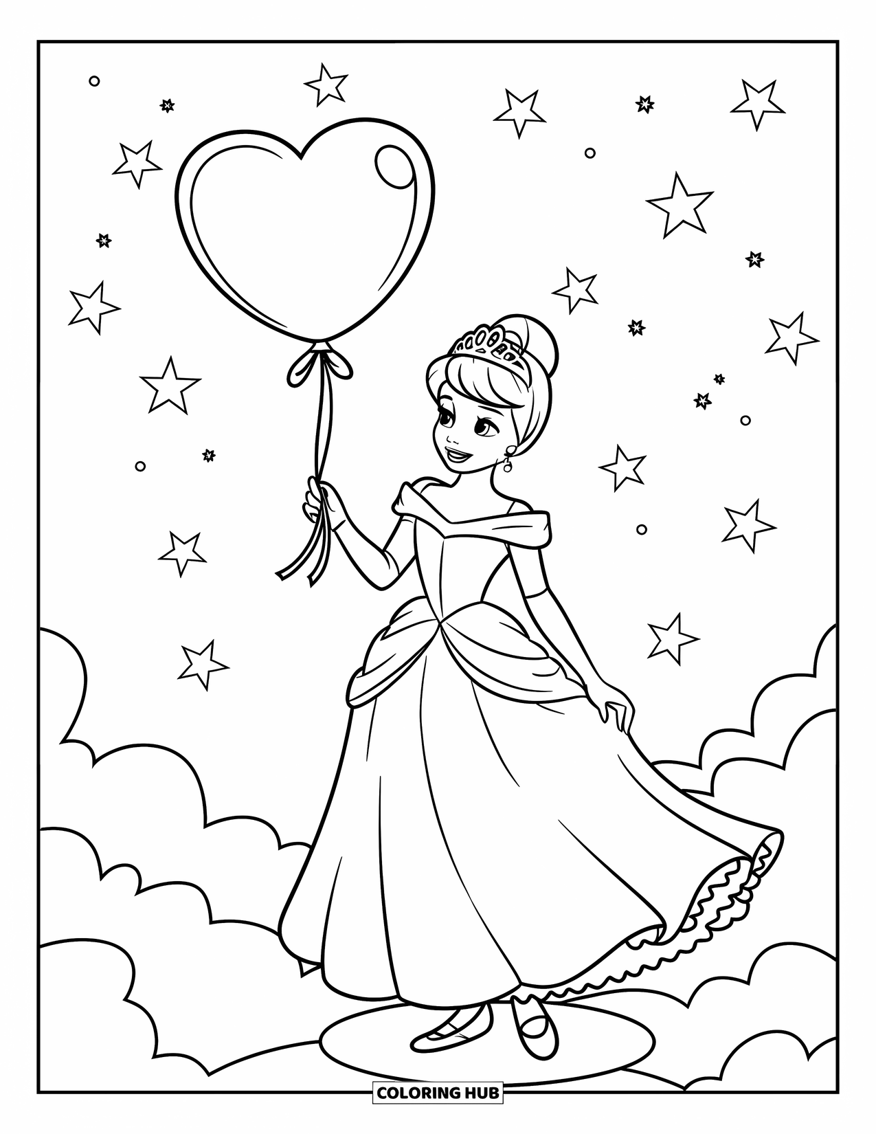 Princess Coloring Page for Kids: A princess in a floral dress holds a heart balloon on a fluffy cloud