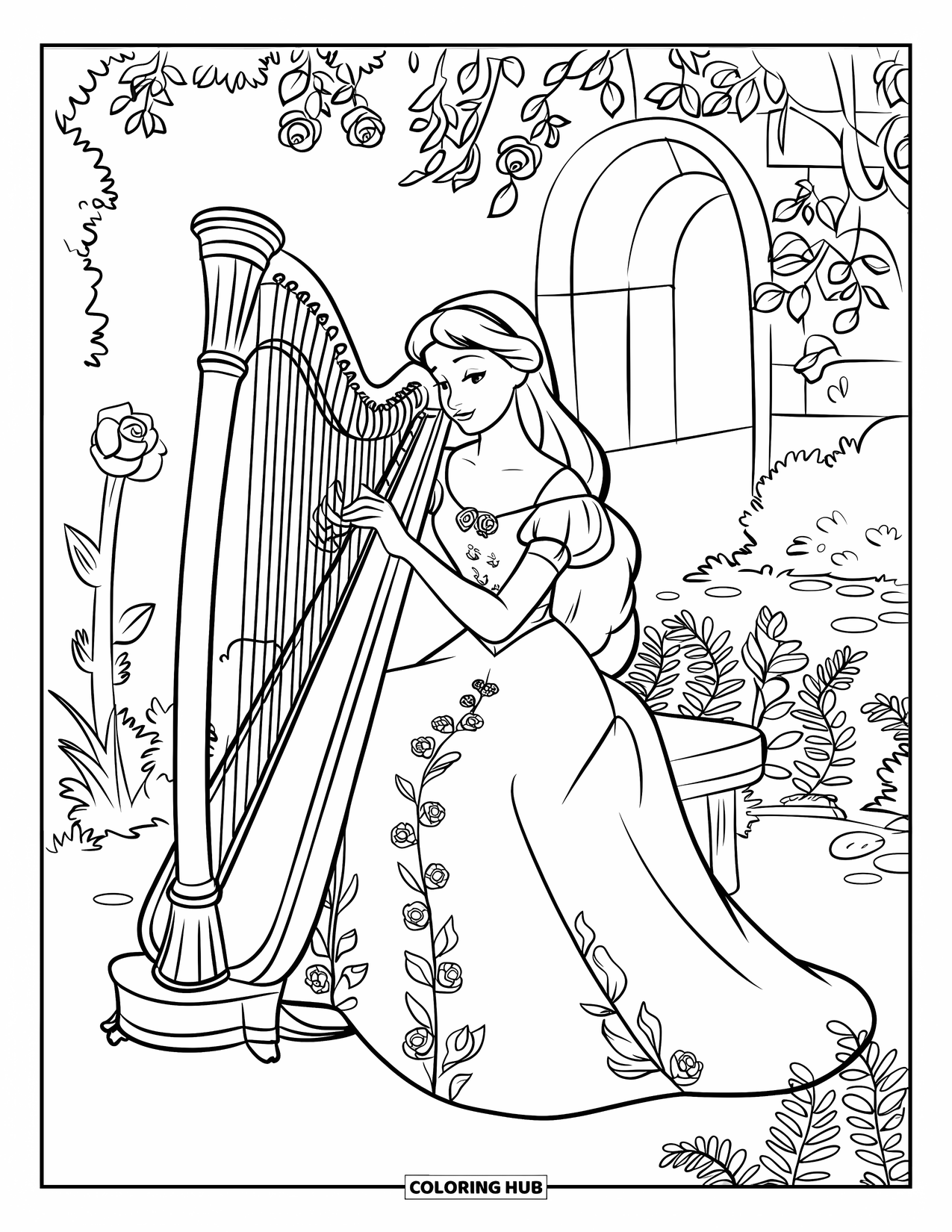 Princess Coloring Page for Kids: A princess in a floral gown plays a harp by a stone archway