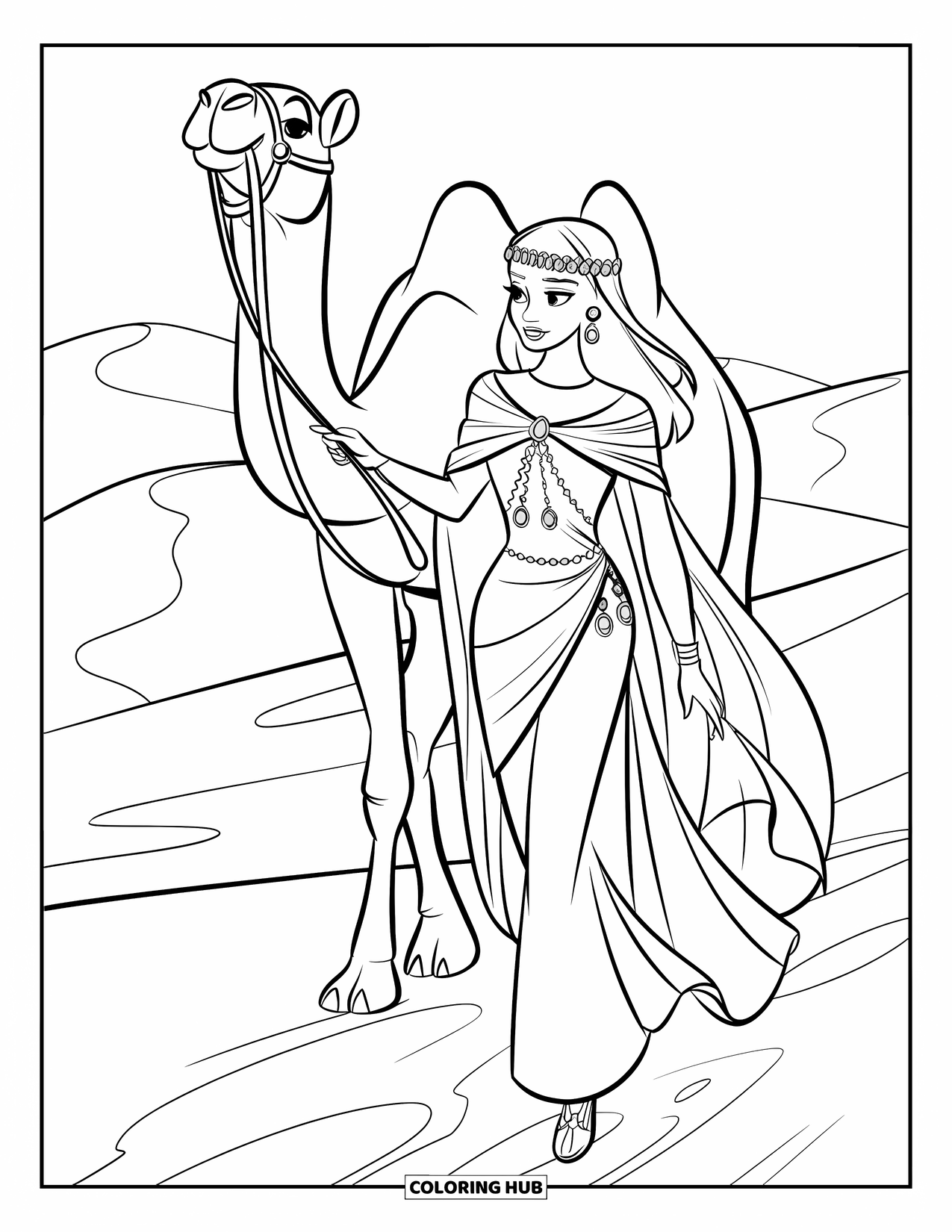 Princess Coloring Page for Kids: A princess in a flowing gown leads a camel through the desert