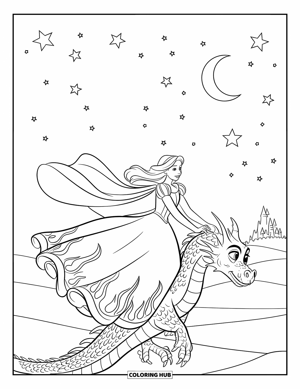 Princess Coloring Page for Kids: A princess in a flowing gown rides a dragon through a sky of stars