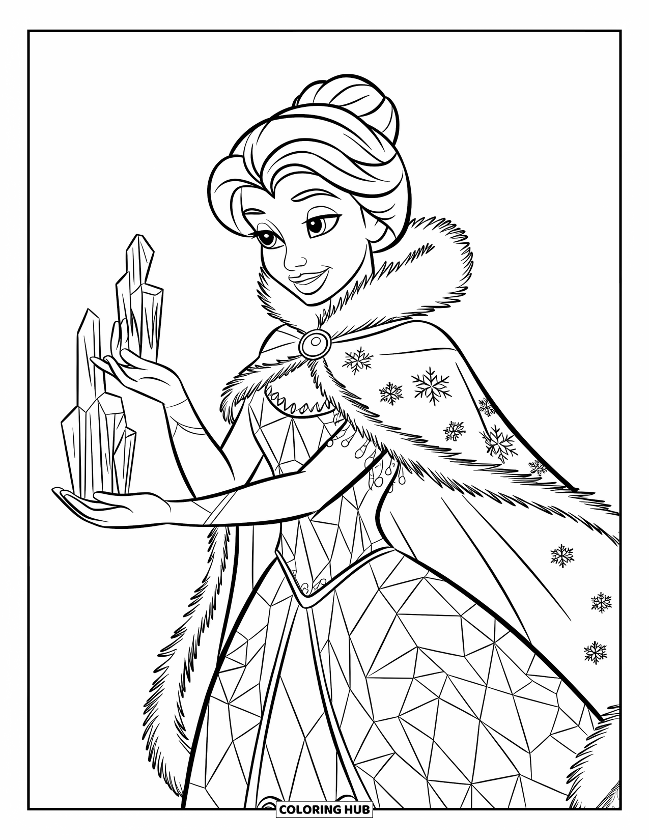 Princess Coloring Page for Kids: A princess in a frosty gown creates ice sculptures with a wave of her hands