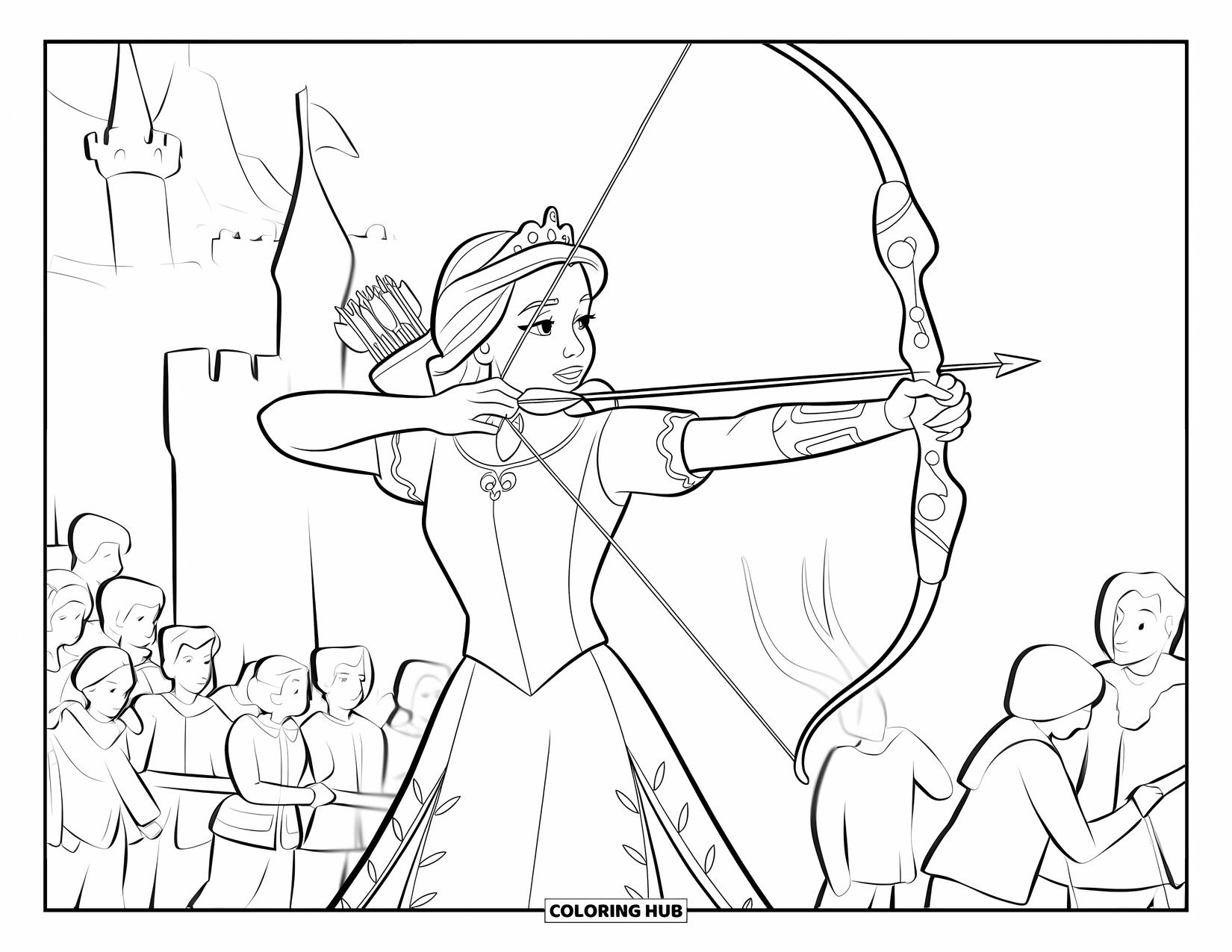 Princess Coloring Page for Kids: A princess in a gown aims her bow with precision at an archery contest