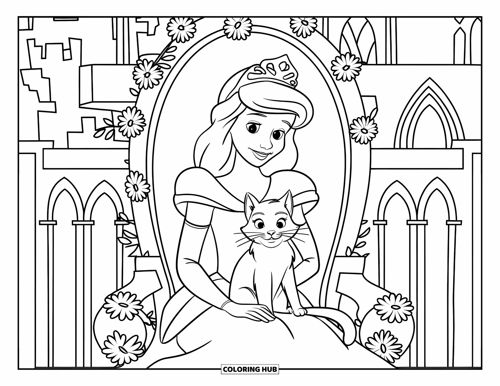 Princess Coloring Page for Kids: A princess in a gown sits with her pet cat beside a flower-decorated throne