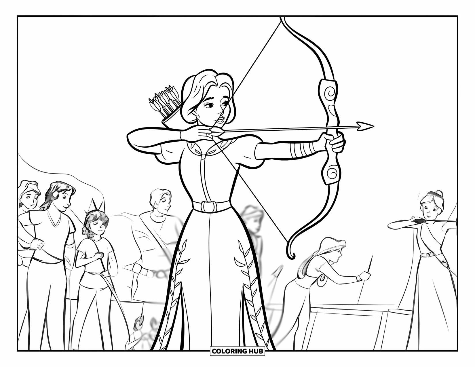 Princess Coloring Page for Kids: A princess in a gown takes aim at an archery contest before a crowd