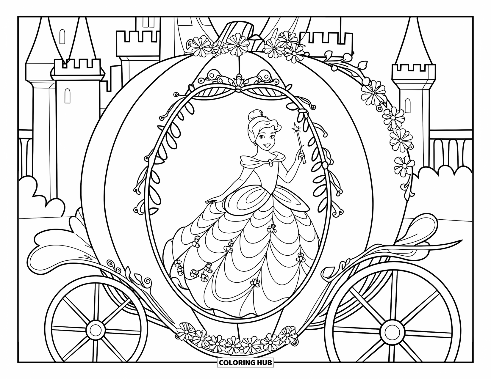 Princess Coloring Page for Kids: A princess in a gown with gemstone details rides in a pumpkin carriage