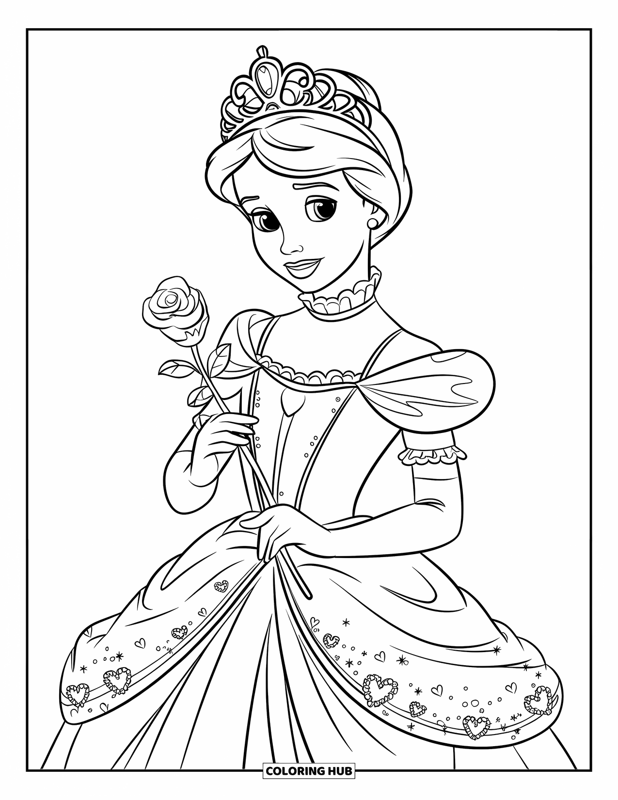 Princess Coloring Page for Kids: A princess in a jeweled crown holds a rose gracefully