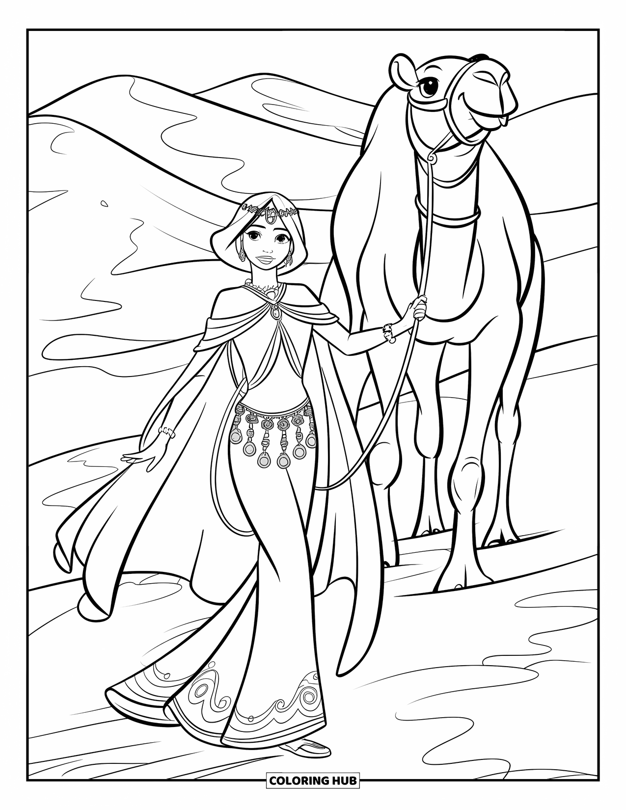 Princess Coloring Page for Kids: A princess in a jeweled gown leads a camel through golden sand dunes