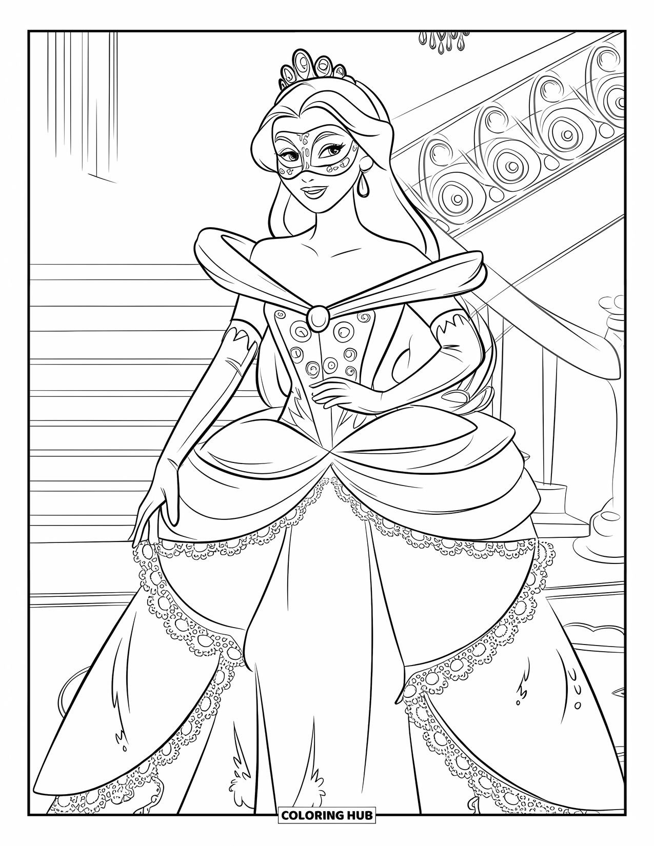 Princess Coloring Page for Kids: A princess in a lace-trimmed gown attends a masquerade ball with an ornate mask