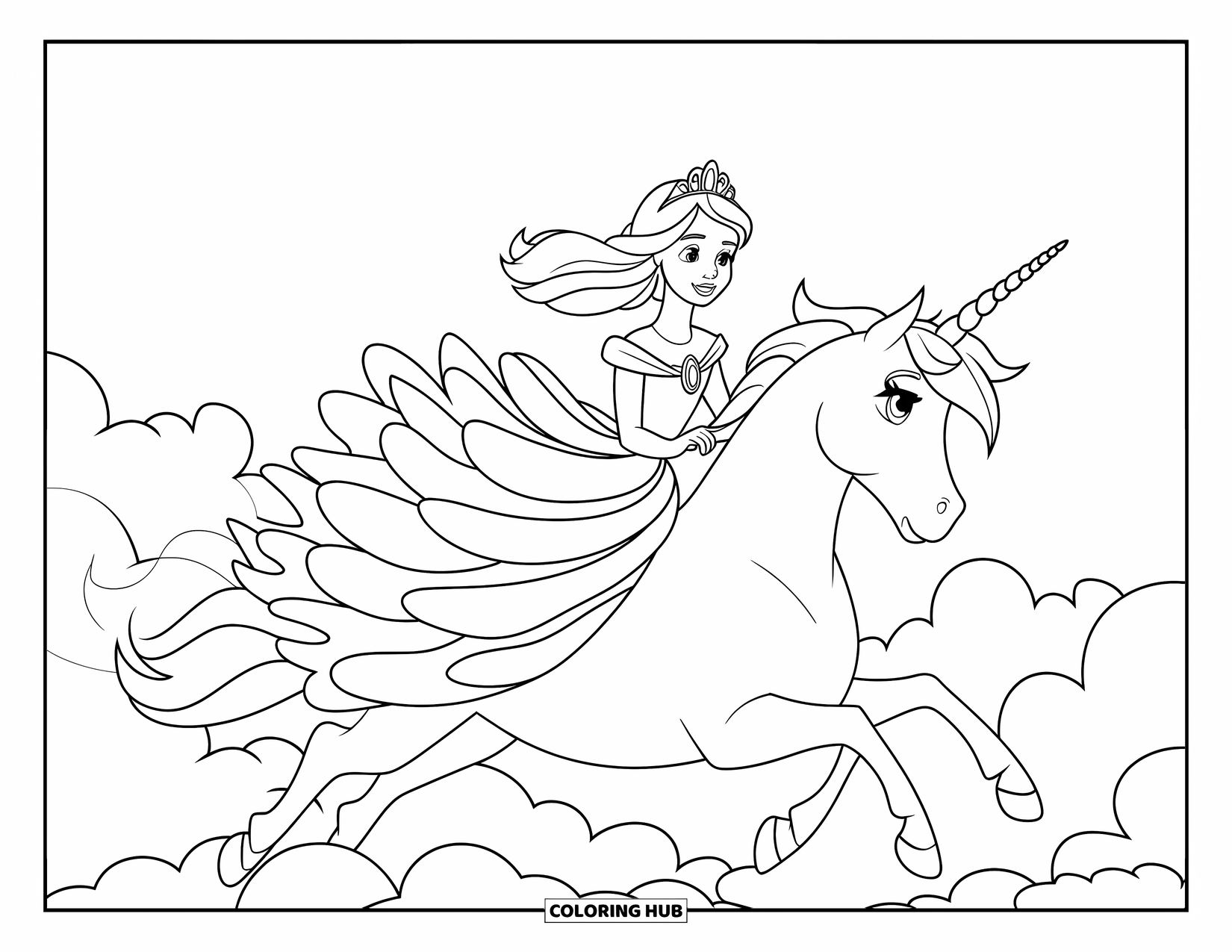 Princess Coloring Page for Kids: A princess in a layered dress rides a unicorn through the sky