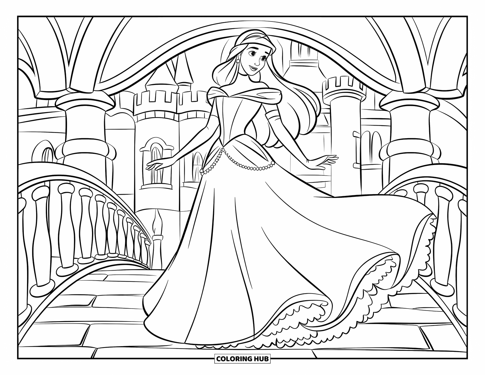 Princess Coloring Page for Kids: A princess in a layered gown and crown stands on a castle bridge