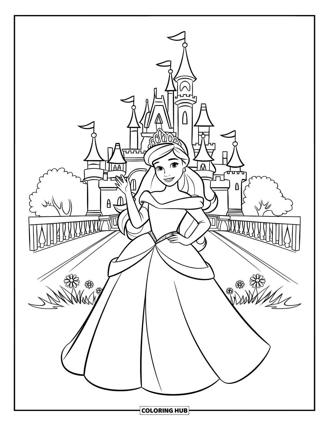 Princess Coloring Page for Kids: A princess in a layered gown waves gracefully by a castle garden