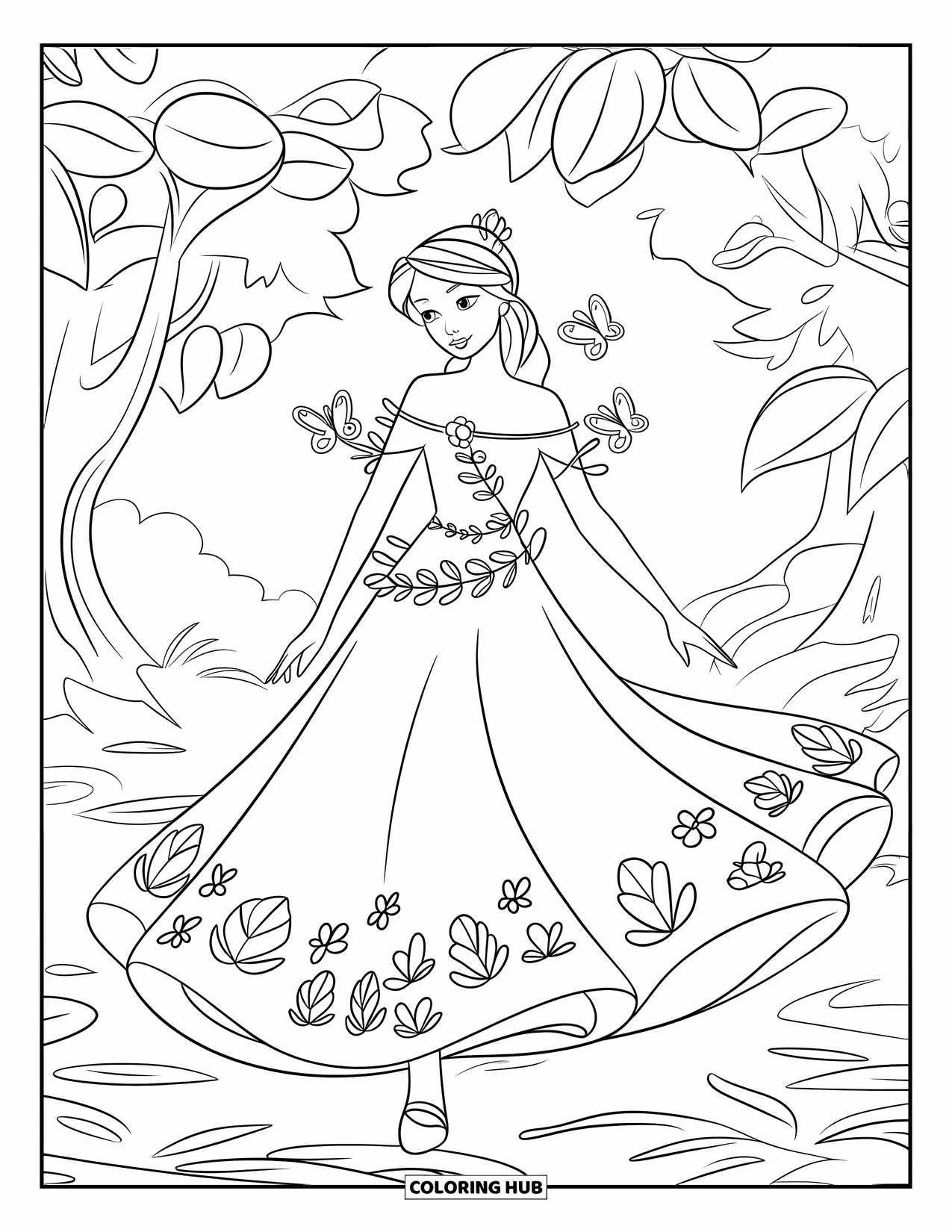 Princess Coloring Page for Kids: A princess in a leaf-patterned gown walks with butterflies in a mystical forest