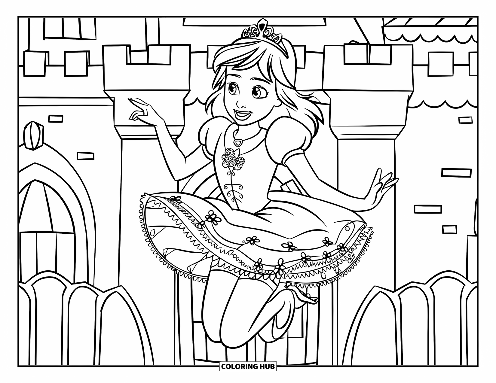 Princess Coloring Page for Kids: A princess in a patterned dress jumps happily by a castle