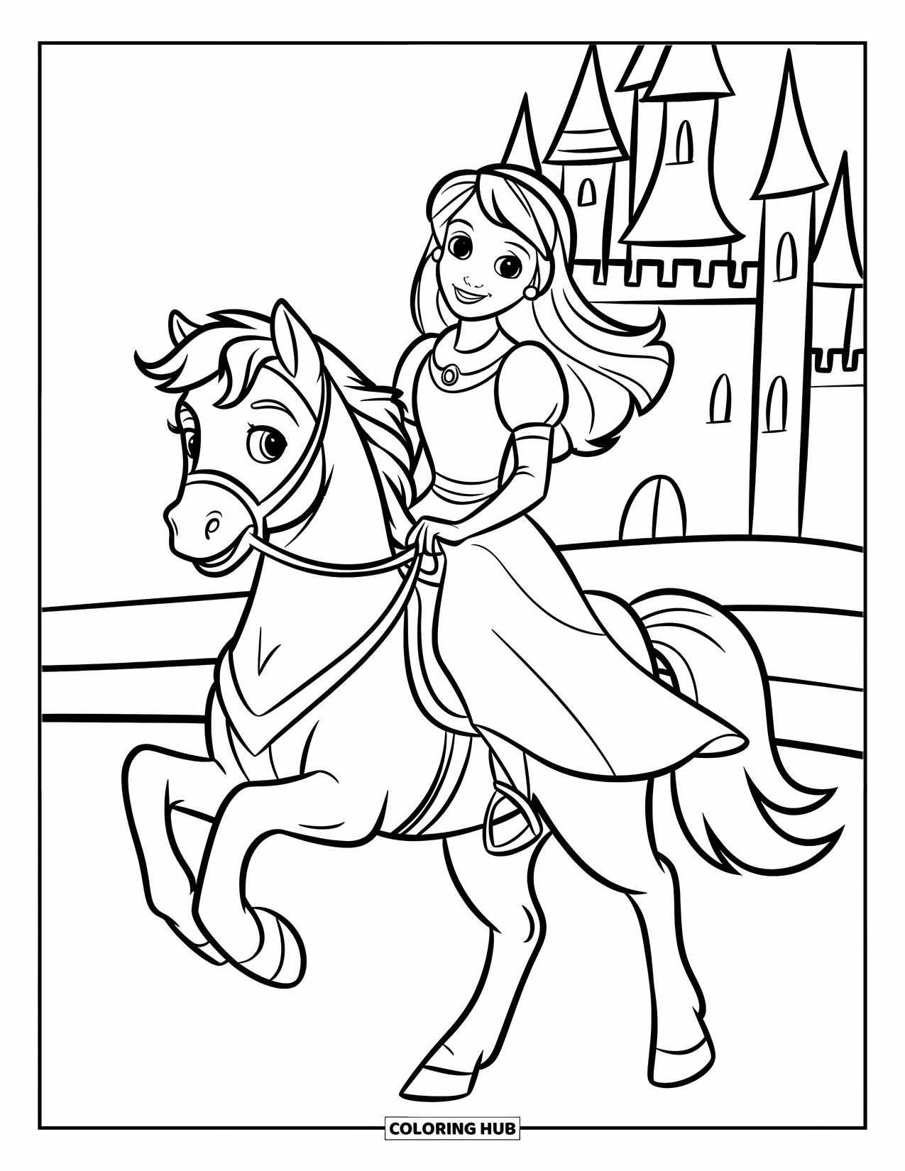 Princess Coloring Page for Kids: A princess in a pink dress rides a pony with a castle in the background