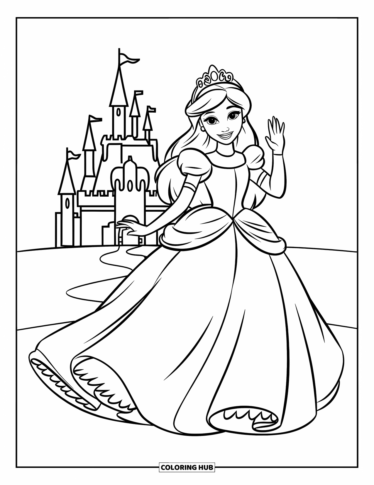 Princess Coloring Page for Kids: A princess in a puffy dress waves happily by a simple castle