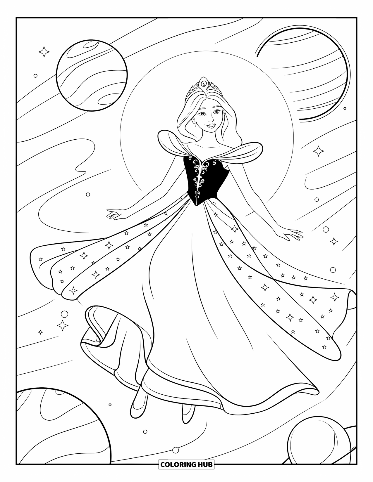 Princess Coloring Page for Kids: A princess in a starry gown drifts gracefully among planets
