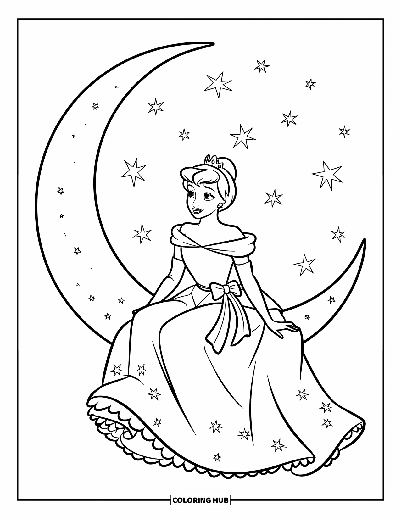 Princess Coloring Page for Kids: A princess in a starry gown sits on a crescent moon under a night sky