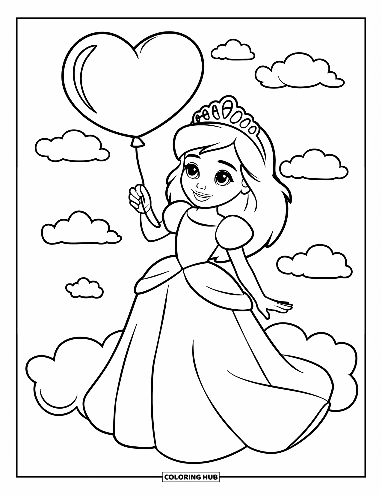 Princess Coloring Page for Kids: A princess in a tiara holds a heart balloon while standing on a cloud