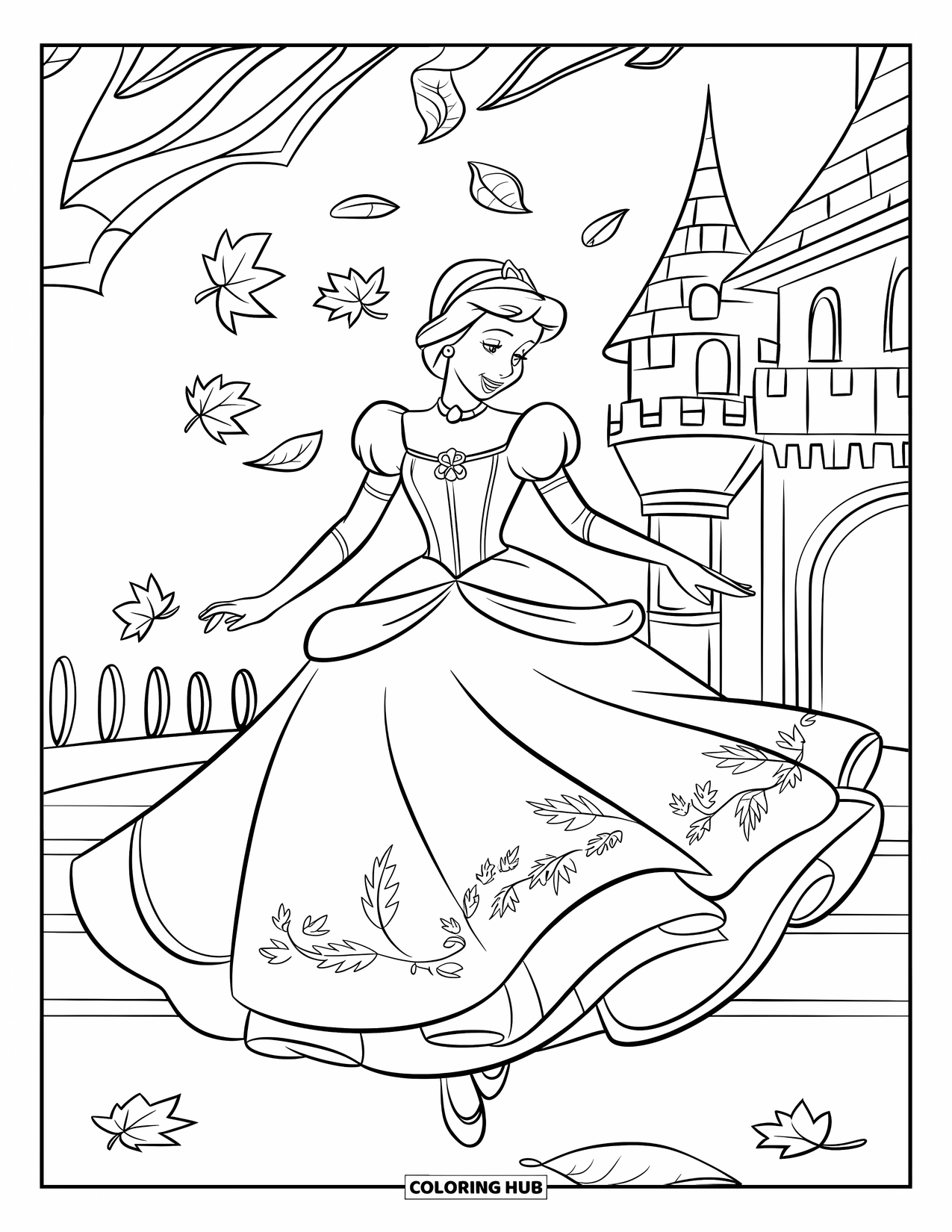 Princess Coloring Page for Kids: A princess in a velvet-detailed gown twirls among falling autumn leaves