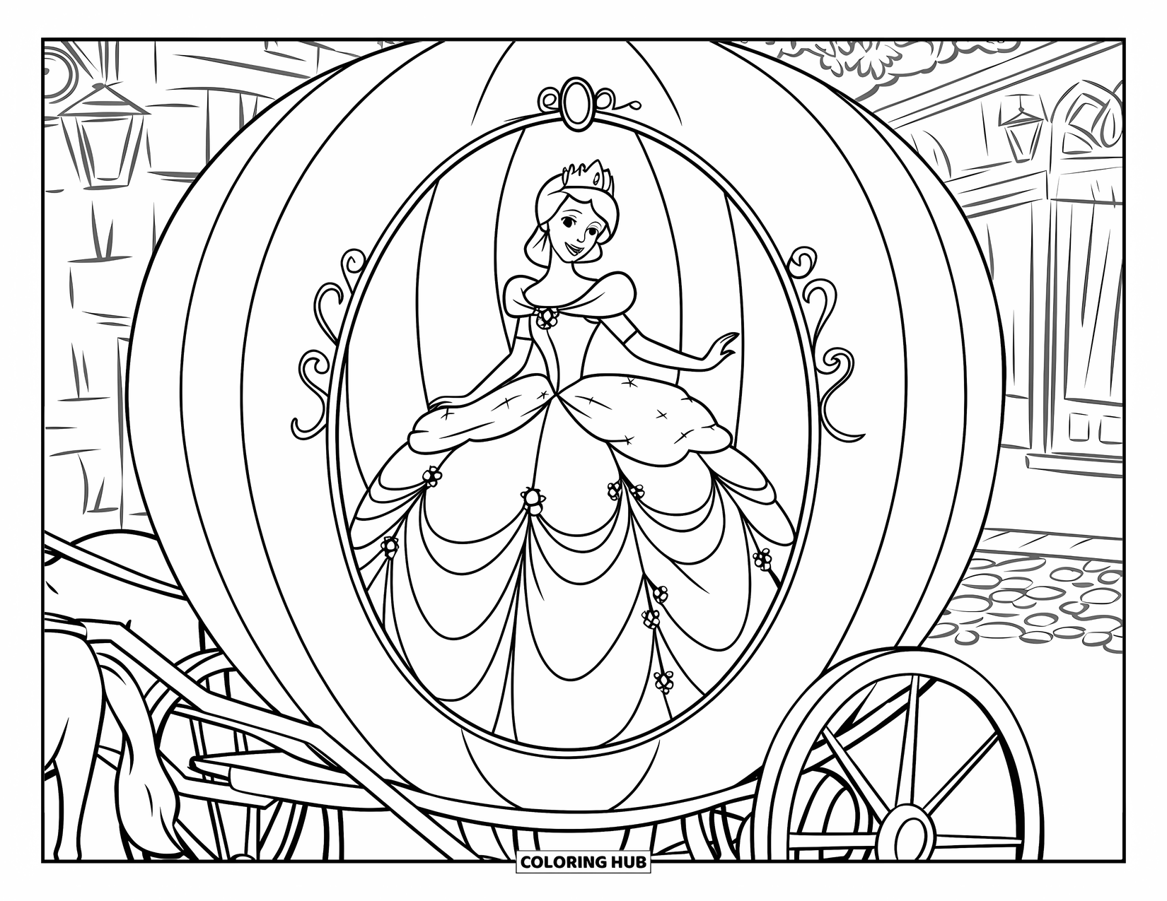 Princess Coloring Page for Kids: A princess in a voluminous dress rides a grand pumpkin carriage