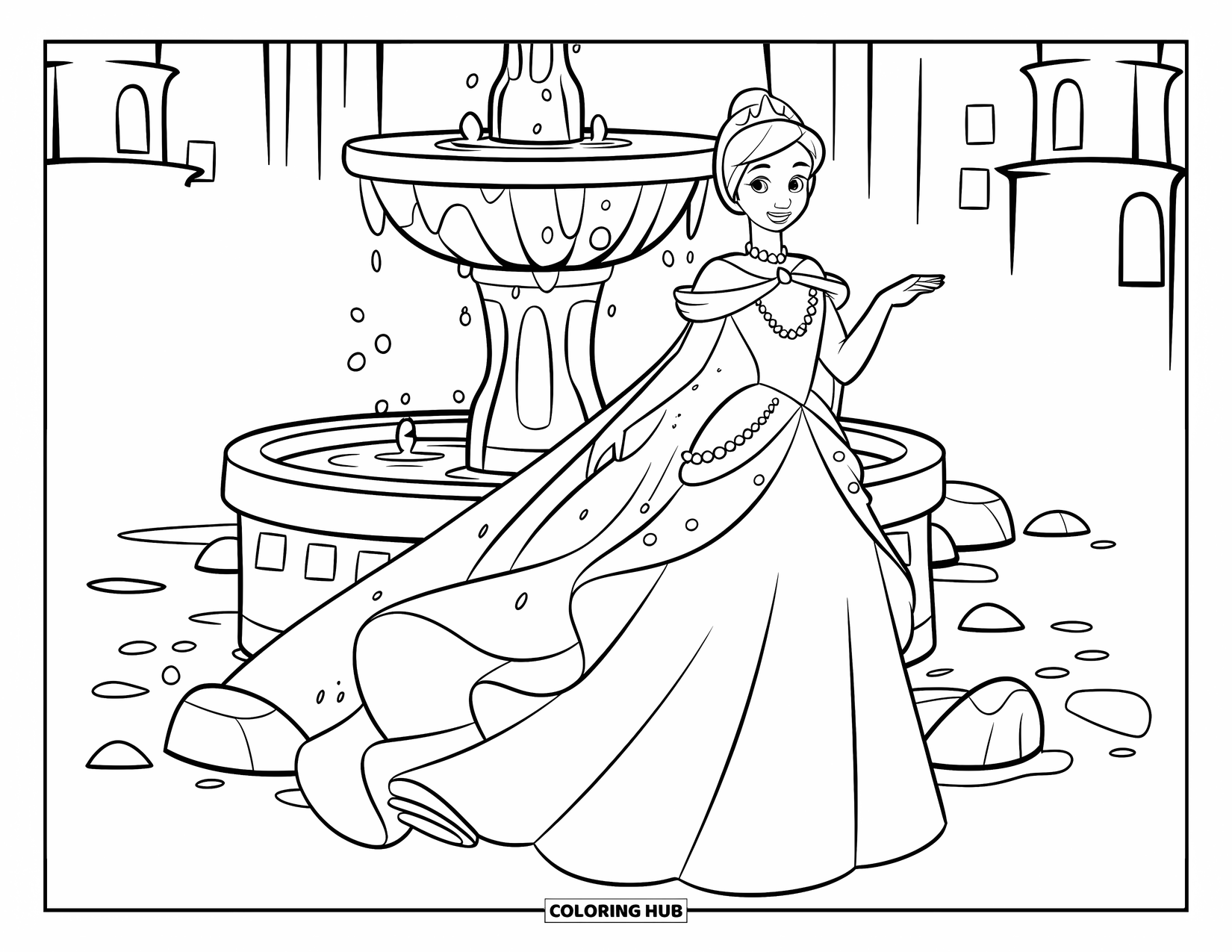 Princess Coloring Page for Kids: A princess in a water-inspired gown stands near a fountain with bubbles