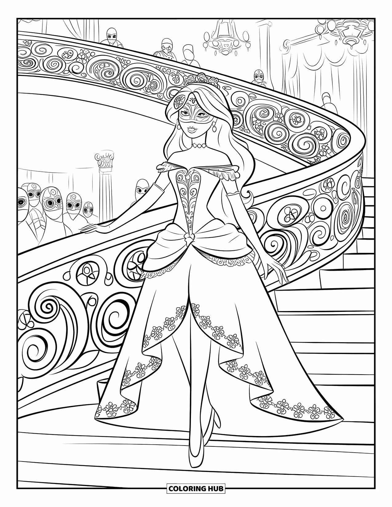 Princess Coloring Page for Kids: A princess in an elegant mask twirls gracefully at a masquerade ball