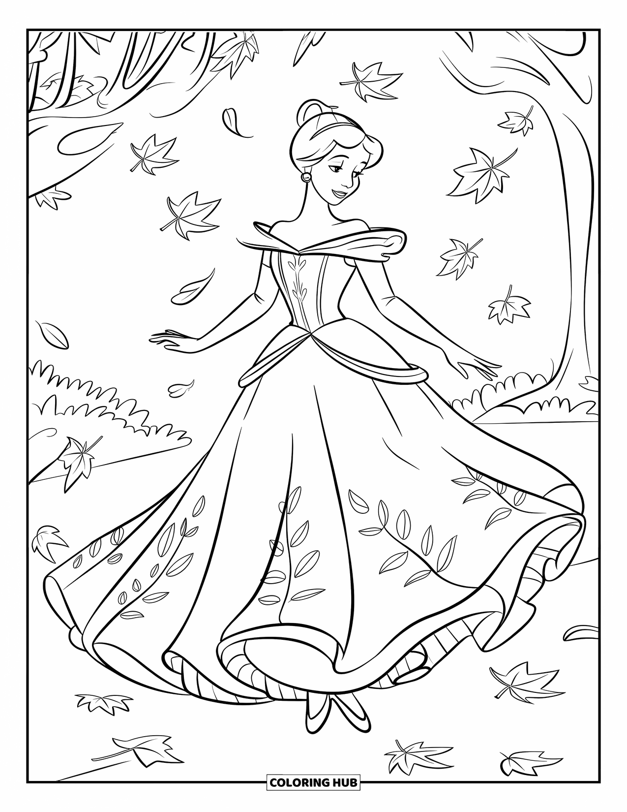 Princess Coloring Page for Kids: A princess in an embroidered gown dances under autumn leaves