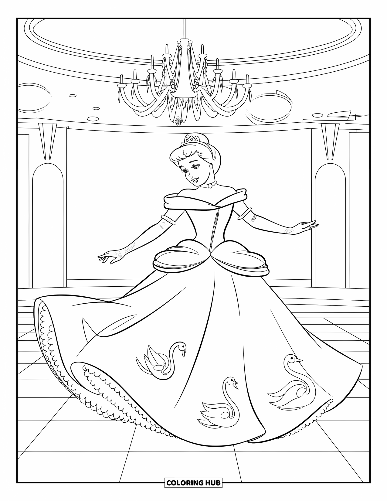 Princess Coloring Page for Kids: A princess in an off-shoulder gown dances elegantly in a ballroom