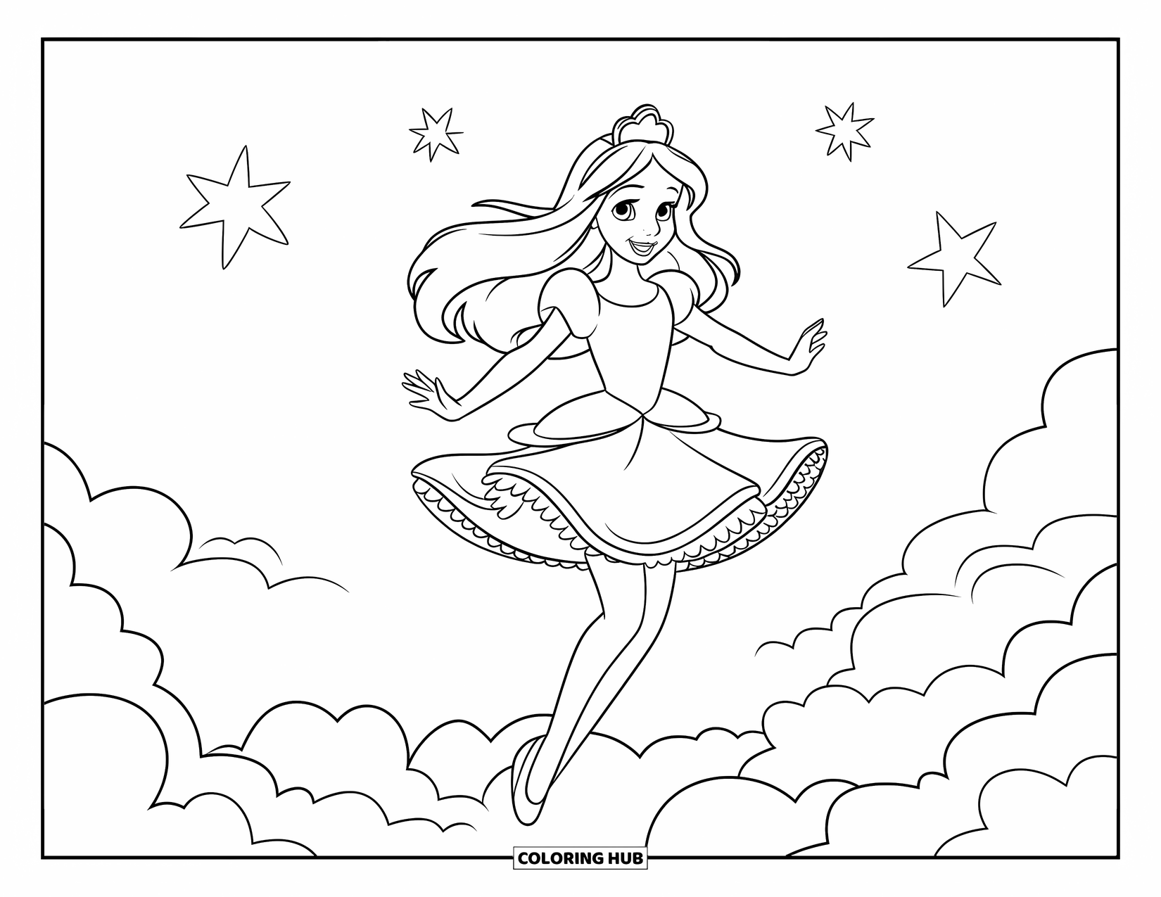 Princess Coloring Page for Kids: A princess jumps excitedly in a frilly dress surrounded by stars