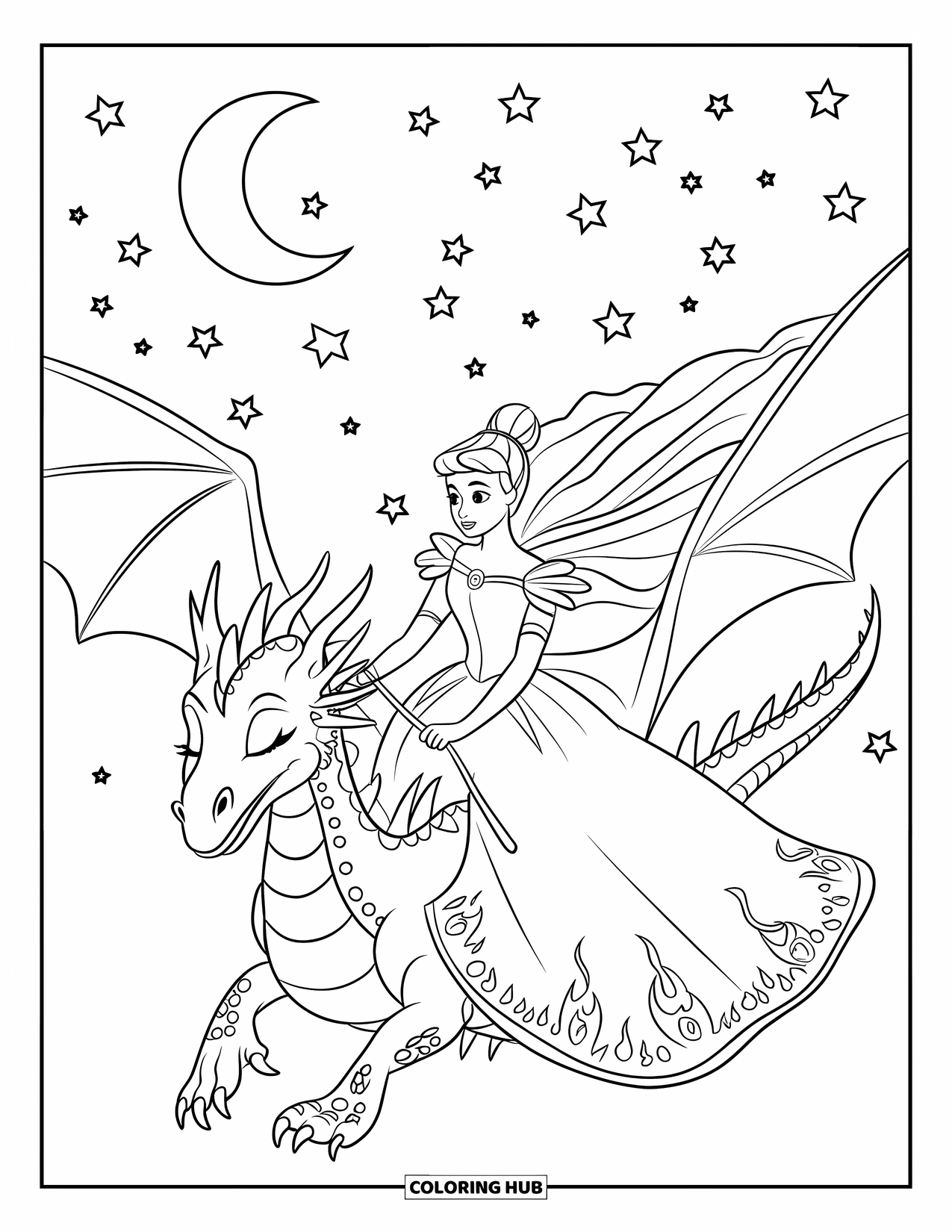 Princess Coloring Page for Kids: A princess on a dragon soars through a starry night sky