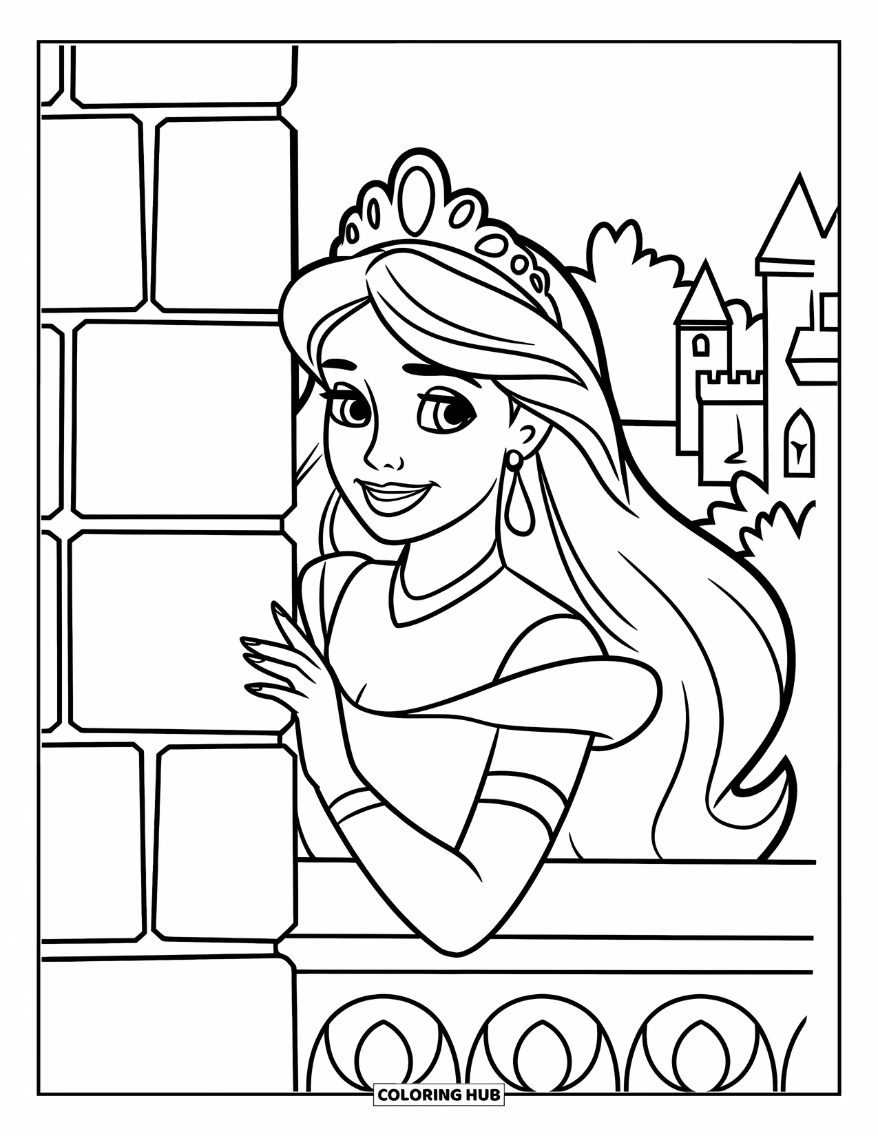 Princess Coloring Page for Kids: A princess peeks playfully from behind a castle wall