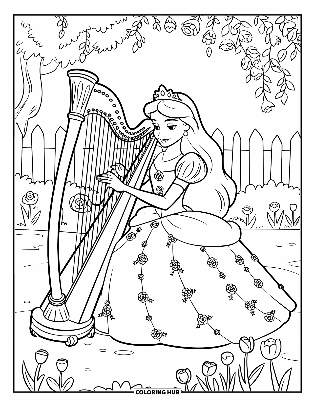 Princess Coloring Page for Kids: A princess plays a harp in a floral gown in a royal garden