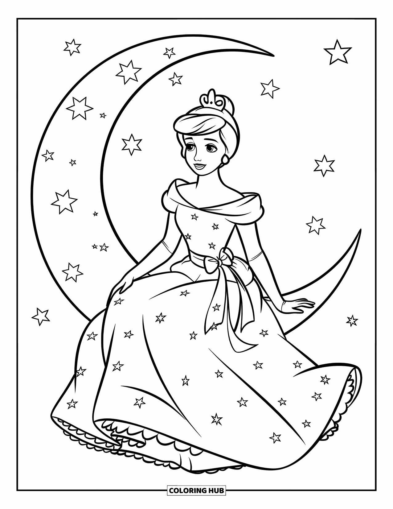 Princess Coloring Page for Kids: A princess sits on a crescent moon, surrounded by twinkling stars