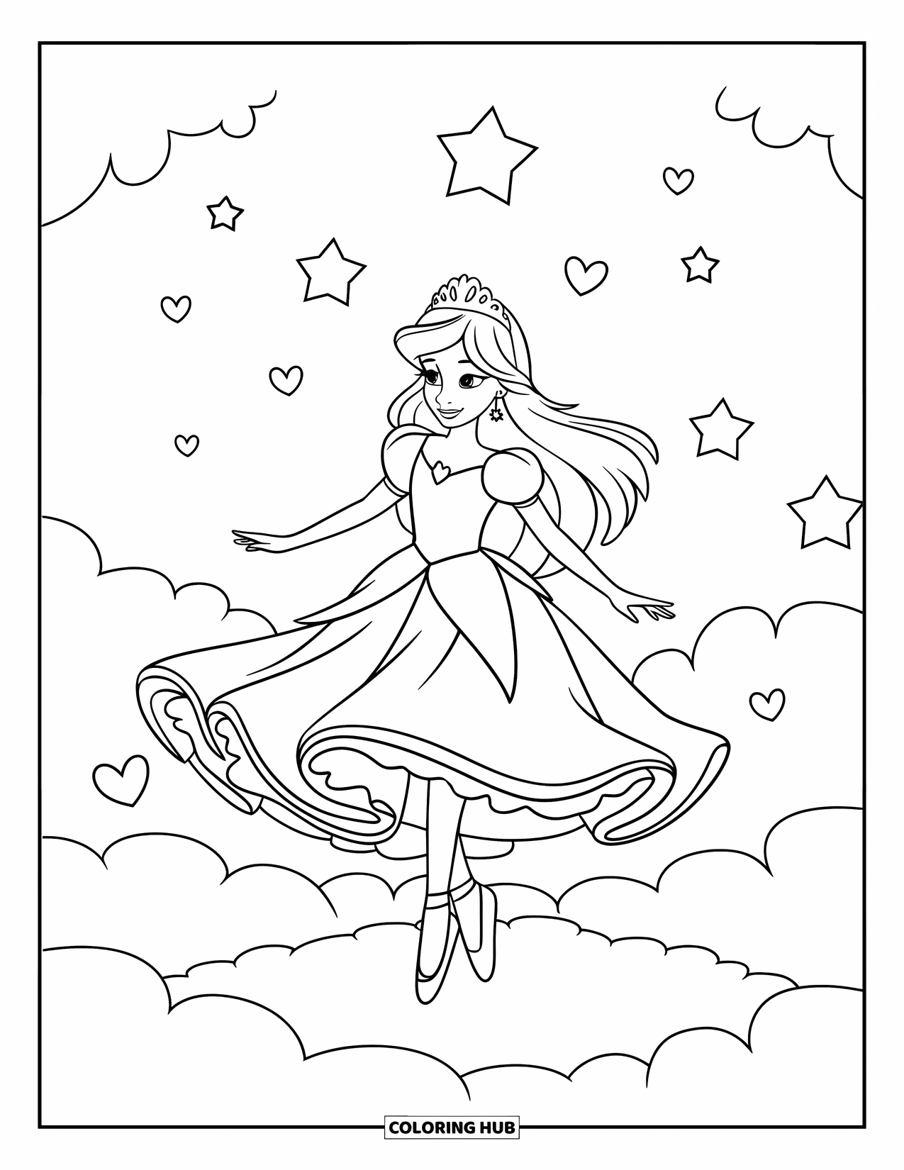 Princess Coloring Page for Kids: A princess twirls in a tutu-like dress on a cloud with hearts and stars