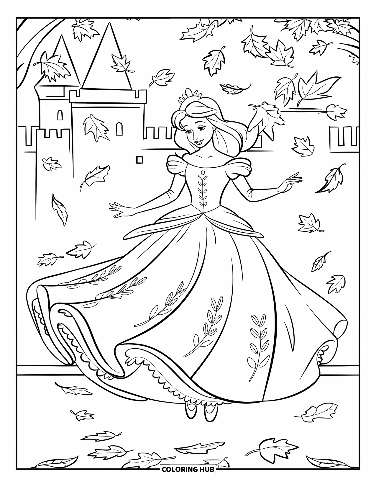 Princess Coloring Page for Kids: A princess twirls under falling leaves in a gown with leaf patterns