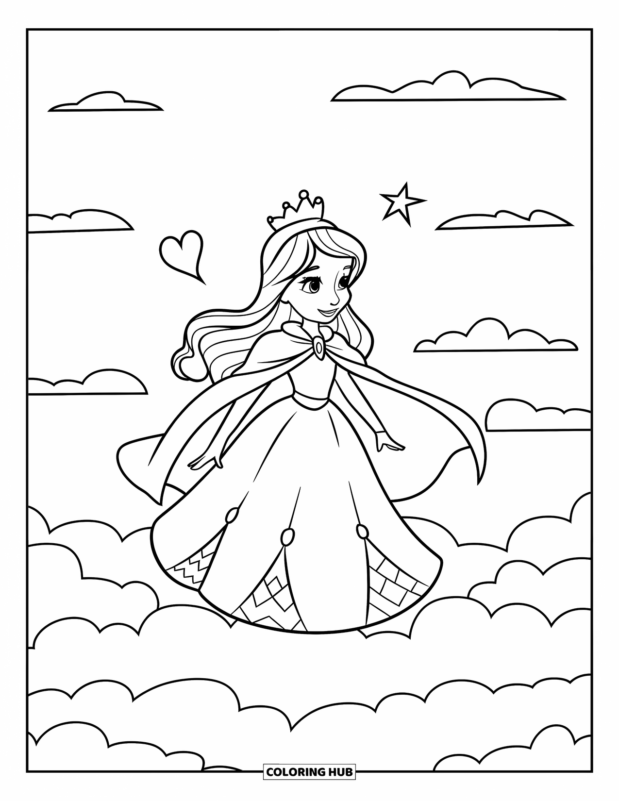 Princess Coloring Page for Kids: A princess with a cape and crown stands on a cloud with stars above