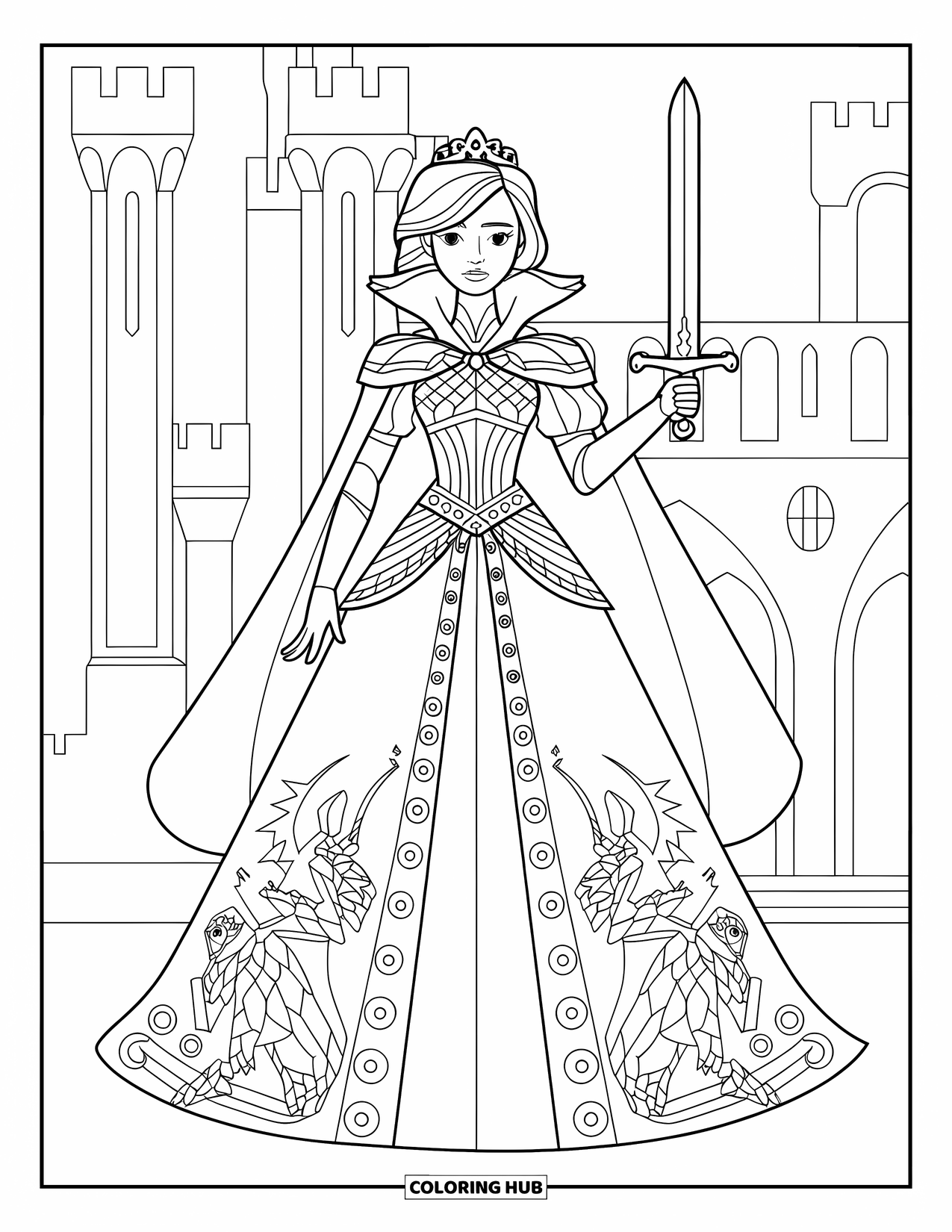 Princess Coloring Page for Kids: A princess with a cape holds a sword, exuding a warrior queen's strength