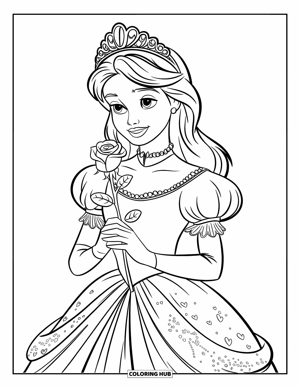 Princess Coloring Page for Kids: A princess with a crown and rose wears a gown with lace details