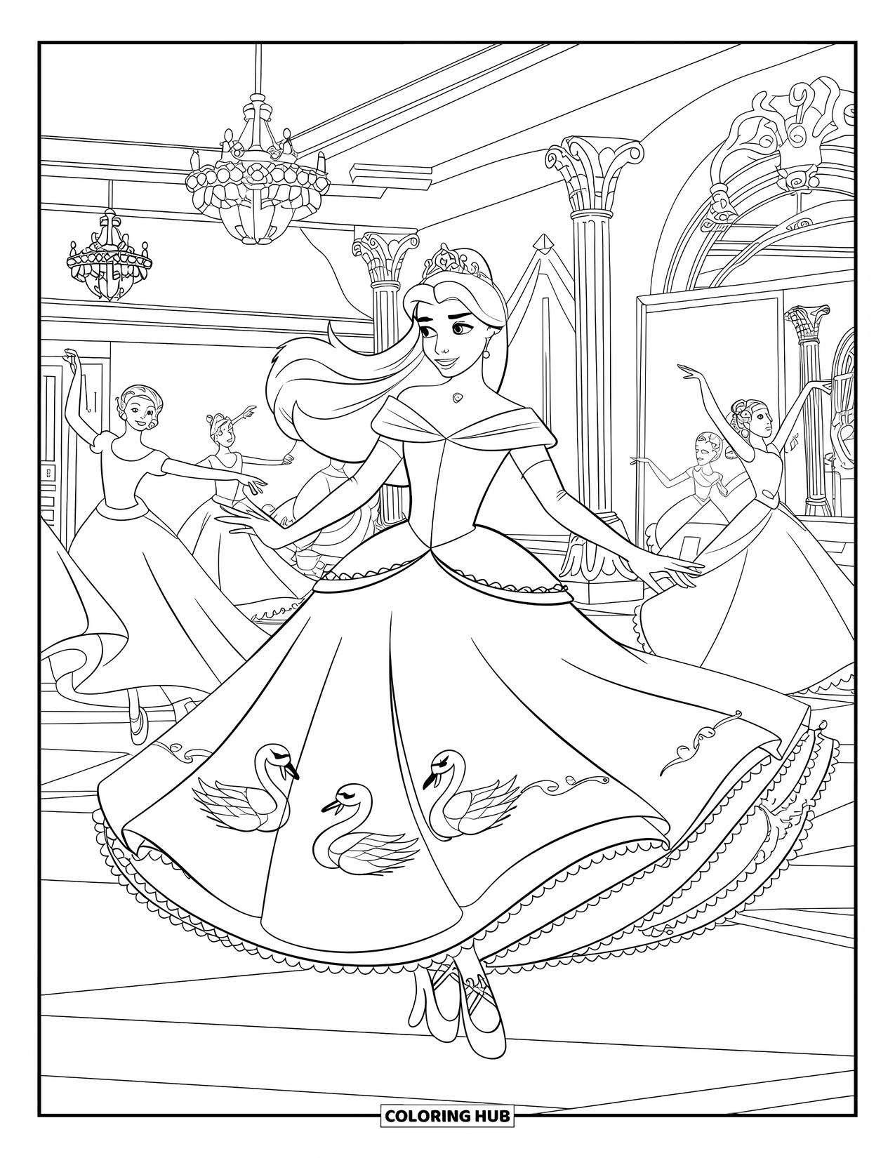 Princess Coloring Page for Kids: A princess with a crown dances gracefully in a grand ballroom