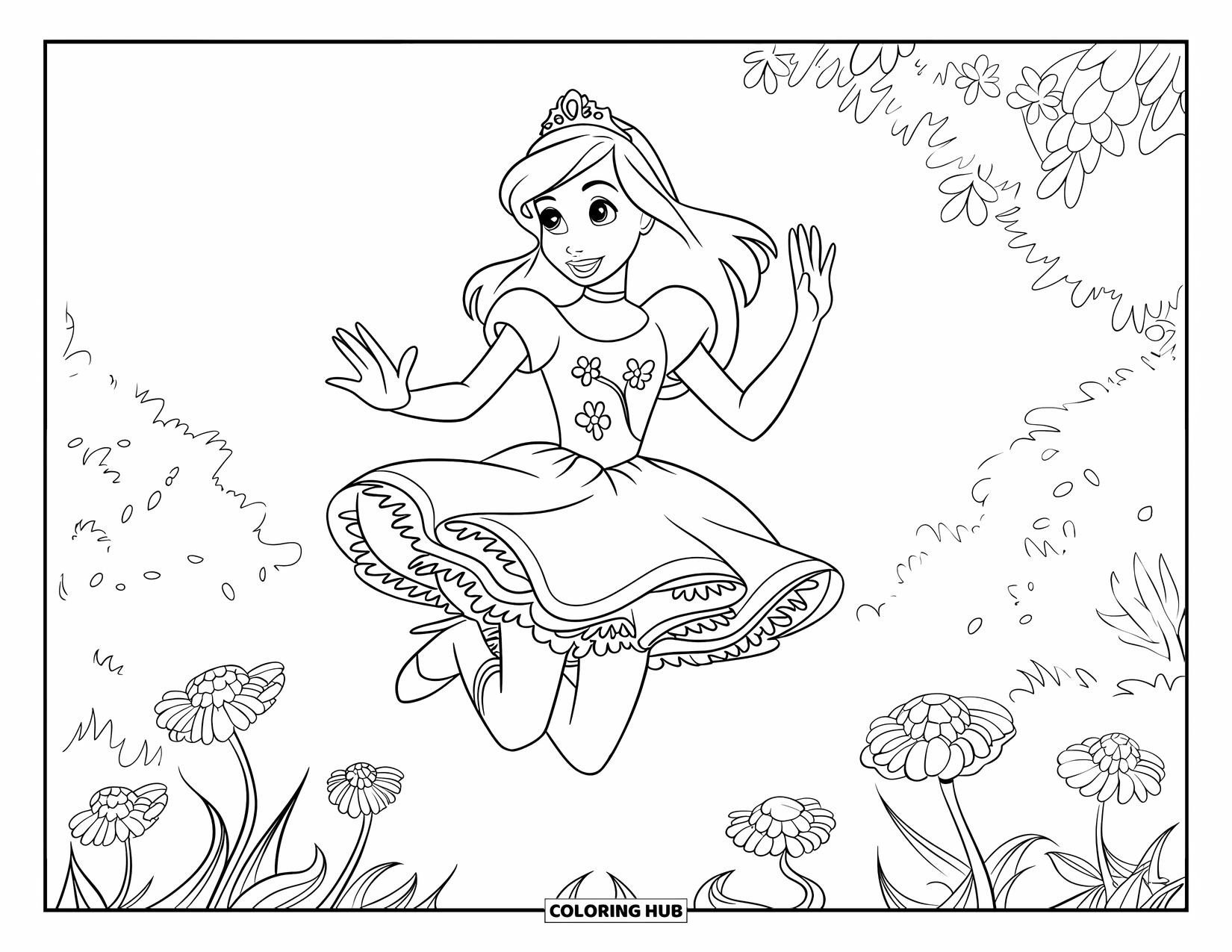 Princess Coloring Page for Kids: A princess with a crown jumps joyfully in a flower-filled garden