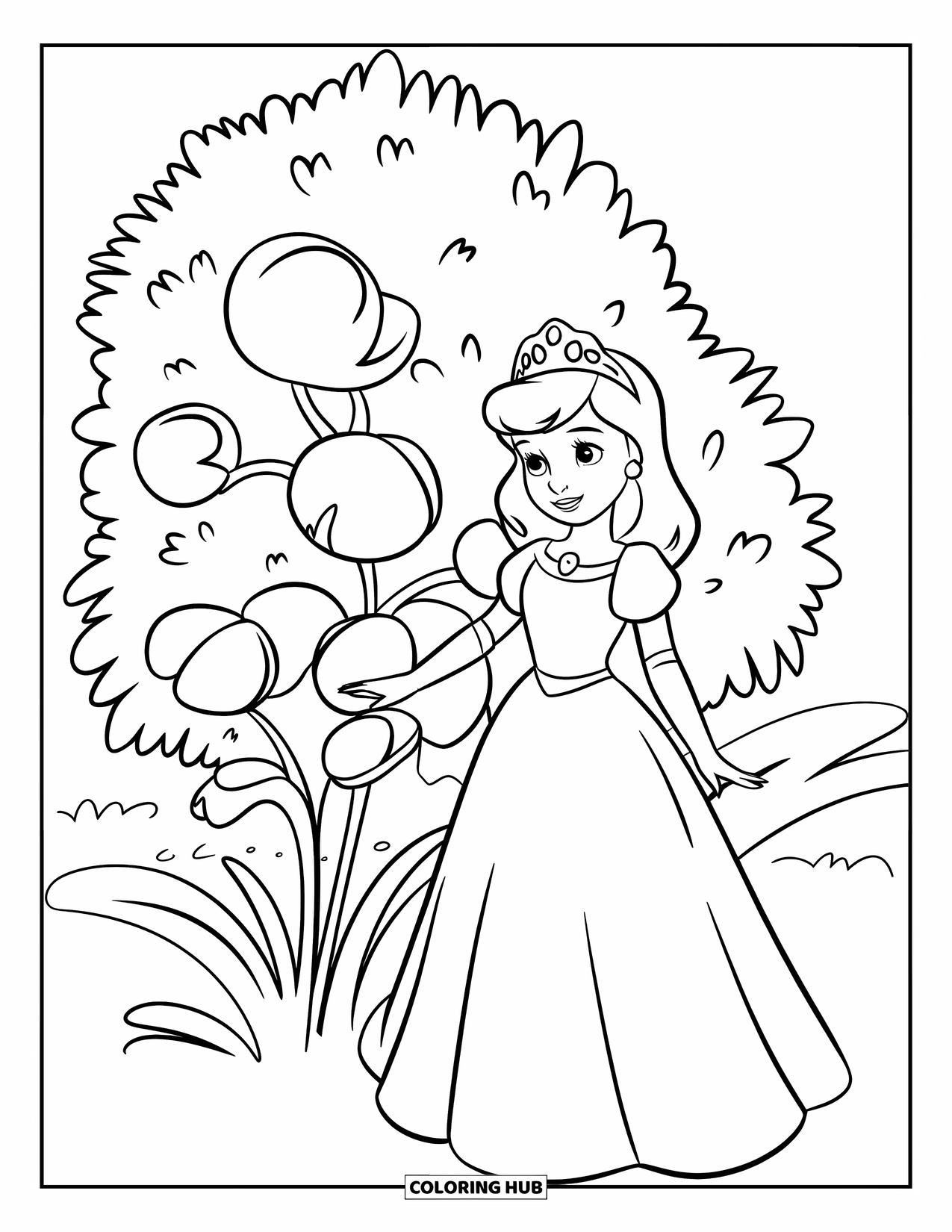 Princess Coloring Page for Kids: A princess with a crown stands by a bush of large, round flowers