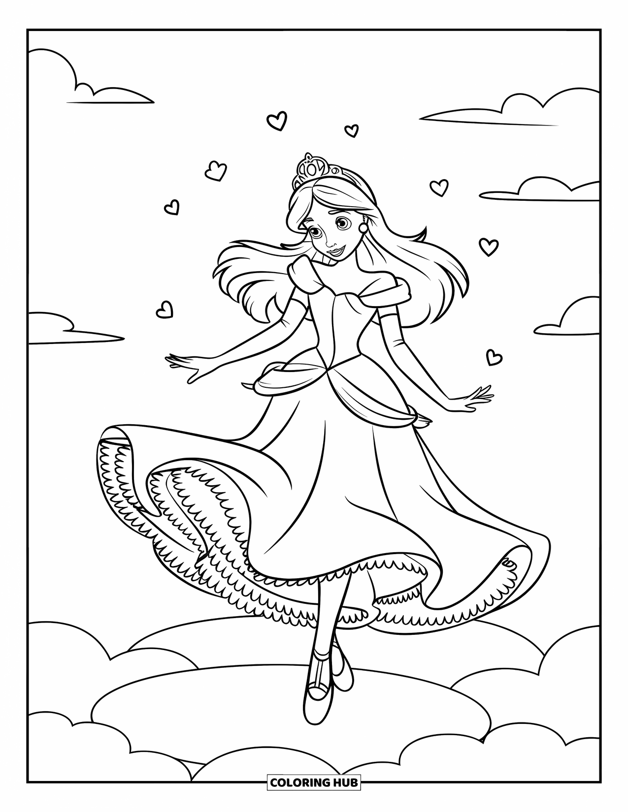 Princess Coloring Page for Kids: A princess with a crown twirls on a cloud surrounded by floating hearts